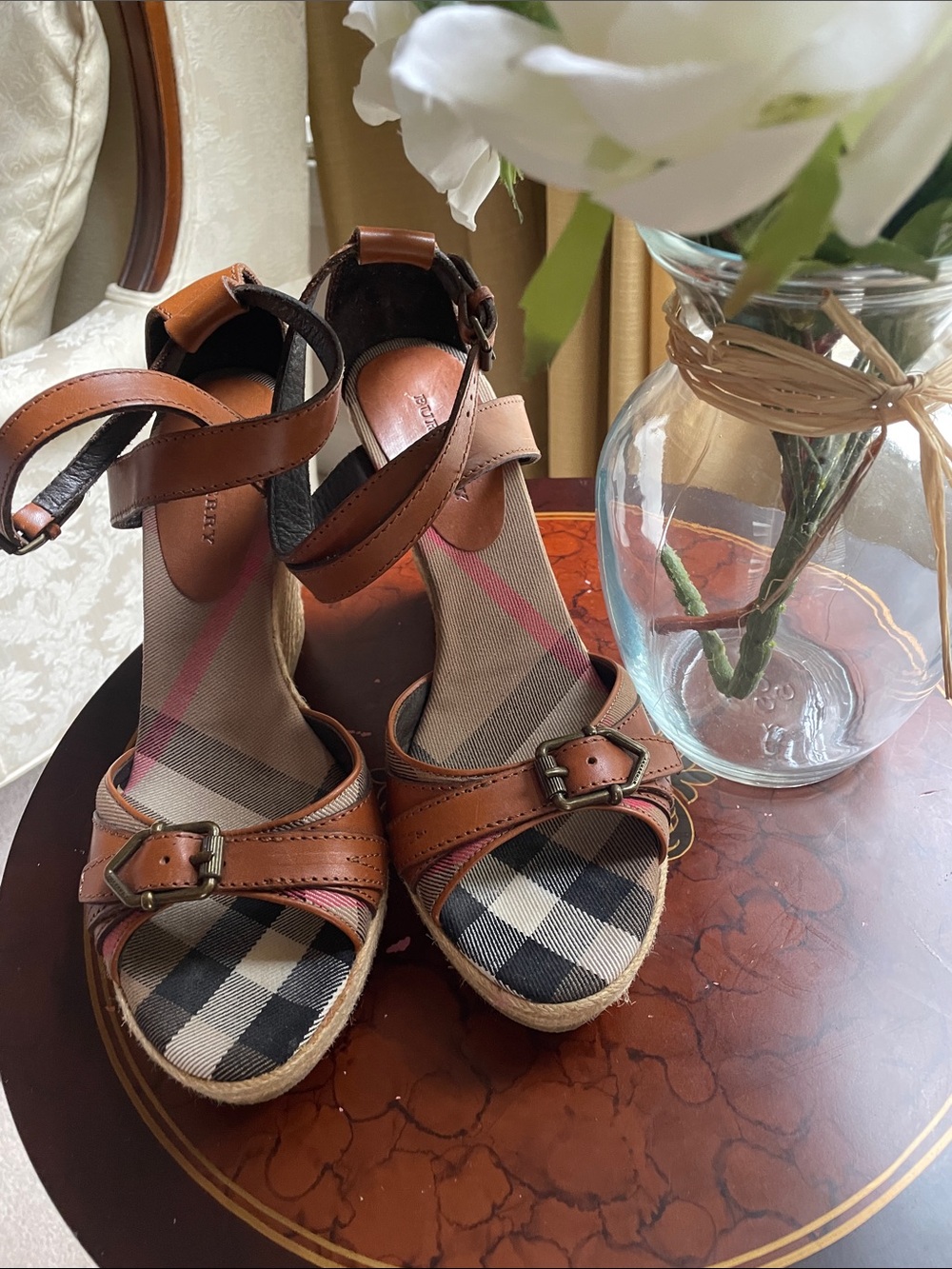 Burberry Brown Leather & Signature Check Wedge Sandals